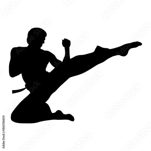 Kung fu or karate martial artist flying kick silhouette. Editable EPS 10 vector graphic illustration isolated on white background.