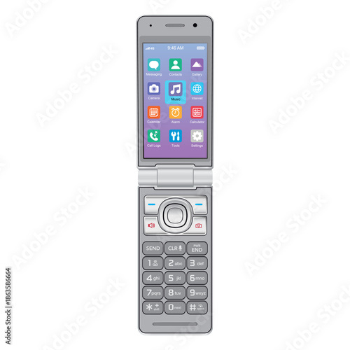 Retro cell flip mobile phone. Vintage communication device. Vector illustration graphic isolated on white background. EPS 10