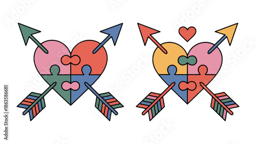 Love's Puzzle: Colorful hearts, composed of puzzle pieces and pierced by arrows, symbolize the intricate nature of love and relationships.