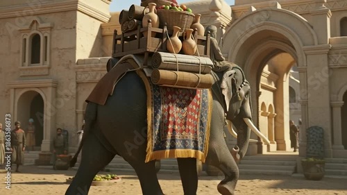 Elephant caravan transport in ancient city, laden with goods, rider on back