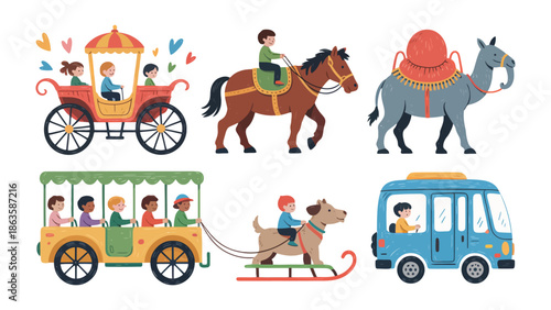 Travel with Diverse Transports: A delightful assortment of transport modes, each featuring a child, showcases the wonders of travel, inviting the viewer to embark on an adventure!