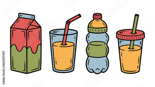 Variety of Refreshments: A collection of various refreshing beverages, including juice in carton and glass, alongside water bottle and tumbler with straw.