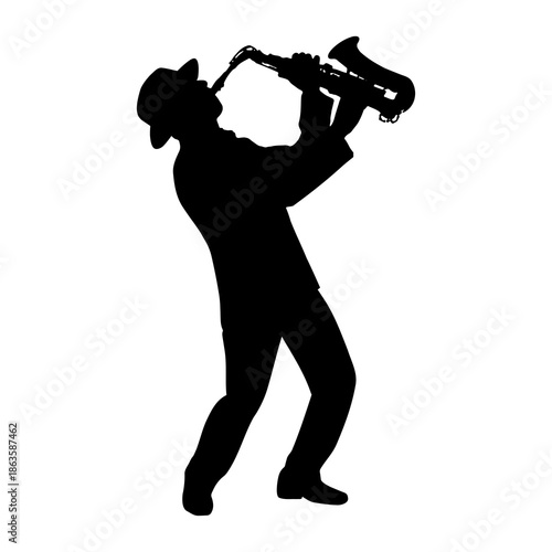 A man wearing hat playing saxophone silhouette. Editable EPS 10 vector graphic isolated on white background.