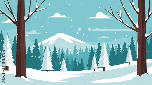 Beautiful vector illustration of a serene winter open space scene, showcasing the raw beauty of nature in a tranquil, snowy landscape, ideal for holiday and seasonal themes