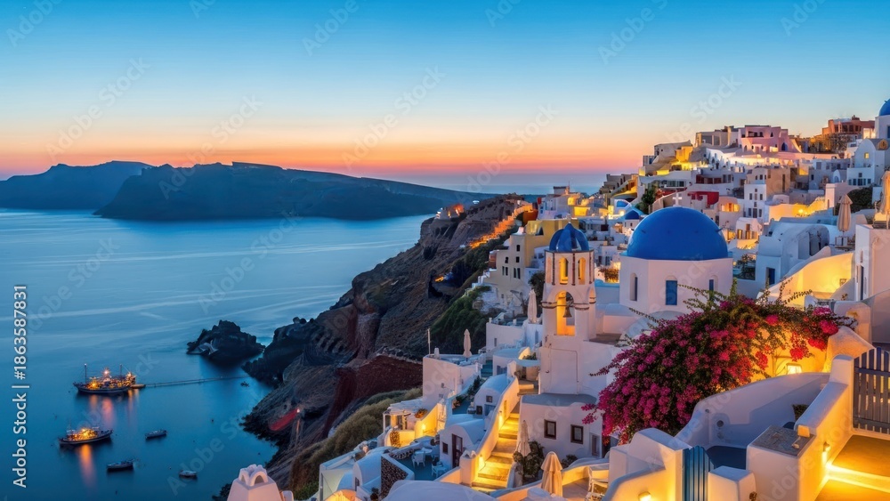 Naklejka premium Coastal town at sunset scenic view of buildings and water