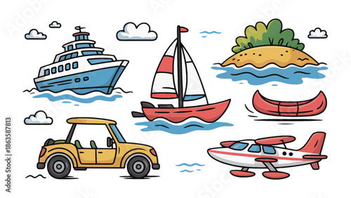 Transportation Variety: A whimsical compilation of various modes of transportation, illustrating a diverse array of travel options for exploration and adventure.