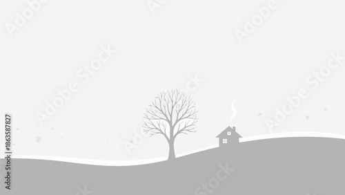 Vector illustration of a minimalist winter scene with a bare tree and a small house, evoking beauty and open space