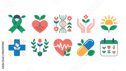Green Health Harmony: A collection of health and wellness illustrations, including hearts, flora, and healthcare symbols, symbolizing well-being and life balance.