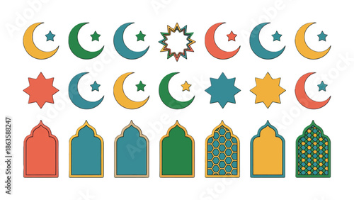 Festive Islamic Symbols: A colorful collection of iconic Islamic symbols, including crescent moons and stars, evoking the spirit of religious celebration, tradition, and cultural heritage.