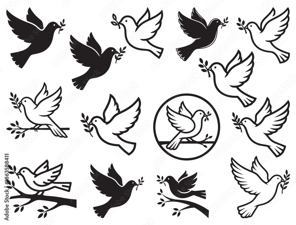 Obraz premium : DOVE BIRD WITH BRANCH SILHOUETTE