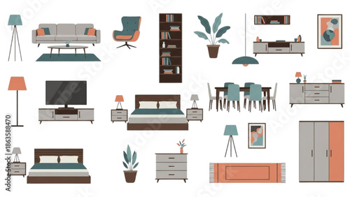 Furniture Vector Set Modern Home Interior Design Flat Illustration