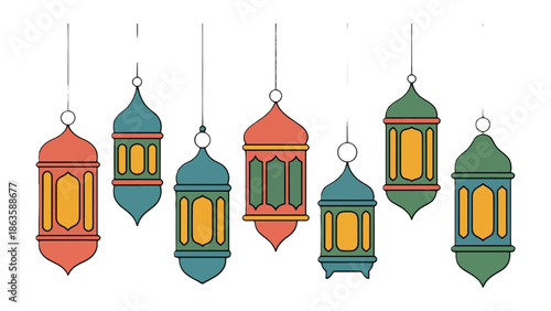 Ramadan Lanterns: Colorful lanterns, elegantly suspended, embody the spirit of Ramadan, radiating light and inviting reflection during this cherished month of spiritual observance.