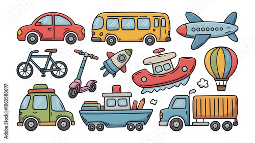 Transport Icons: A collection of various transportation modes are presented, featuring diverse transport icons, including a car, bus, plane, bicycle, scooter, rocket, boat, and truck.