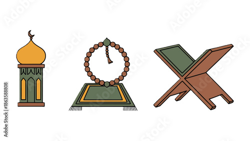 Islamic Symbol Array: The image showcases a collection of key symbolic objects representing Islamic faith and practice. Each item, including a mosque, prayer beads, and the stand.