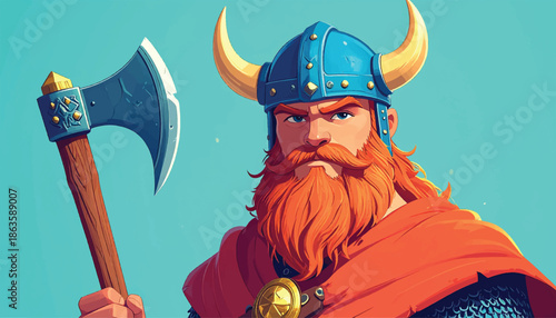 Viking Warrior with Axe - A Fierce Cartoon Illustration.