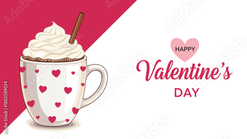 Valentine's Day greeting banner with a cute white mug full of hot chocolate and whipped cream on a pink background