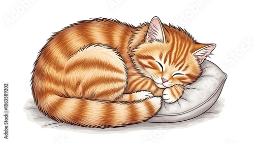 Peaceful orange tabby cat curled up asleep on a pillow. Adorable kitten vector illustration isolated on white.