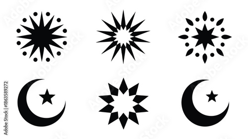 Celestial Emblems: A collection of captivating celestial symbols, including intricate stars and elegant crescent moons, displayed against a serene backdrop.