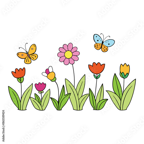 A vibrant spring meadow filled with colorful flowers swaying gently, while delicate butterflies flutter above, bringing life and joy to the sunny, blooming field.
