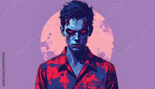 Intense Portrait of a Man with Piercing Gaze and Vibrant Colors.