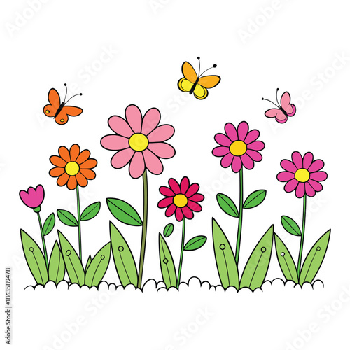 A vibrant spring meadow filled with colorful flowers swaying gently, while delicate butterflies flutter above, bringing life and joy to the sunny, blooming field.

