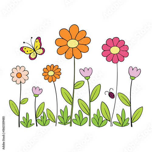 A vibrant spring meadow filled with colorful flowers swaying gently, while delicate butterflies flutter above, bringing life and joy to the sunny, blooming field.

