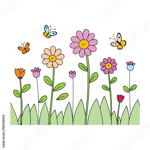 A vibrant spring meadow filled with colorful flowers swaying gently, while delicate butterflies flutter above, bringing life and joy to the sunny, blooming field.
