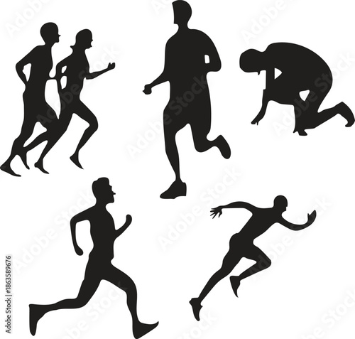 Black vector silhouettes of male runners sprinting and kicking a football in a dynamic sports team illustration