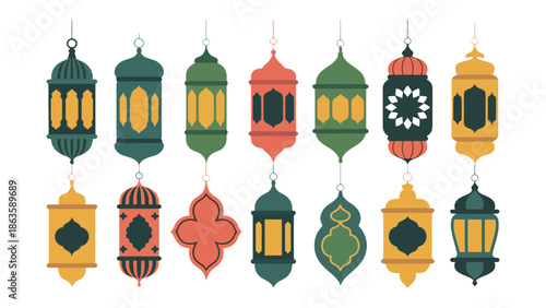 Decorative Lanterns in the Sky: An array of colorful, intricately designed lanterns hanging against a neutral background, each a unique piece of cultural artistry. 