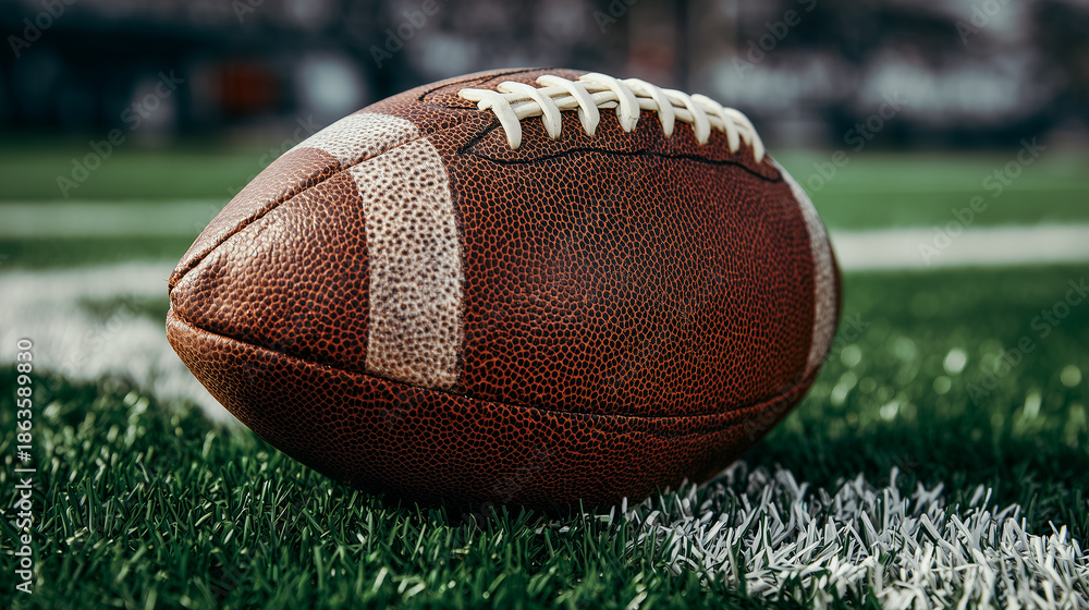 Obraz premium Super Bowl football on field close-up yard line grass detail 