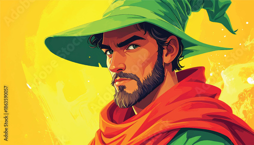 Intense Wizard with Green Hat and Fiery Aura.