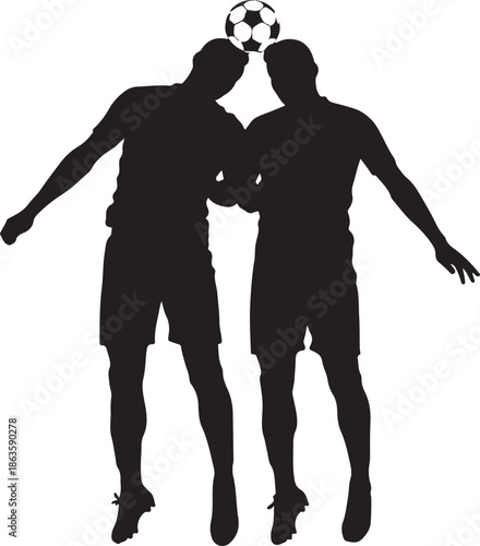 High Contrast Silhouette of Two Football Players Contesting an Aerial Header with Ball , Generative Ai