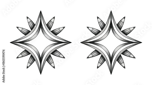 Geometric Symmetry: Two abstract stars mirror each other, composed of precisely rendered, radiating elements that evoke an aura of balanced and intricate design.