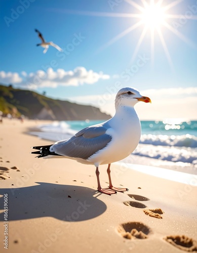 Sunny beach scene with a seagull, footprints, waves, and a clear blue sky