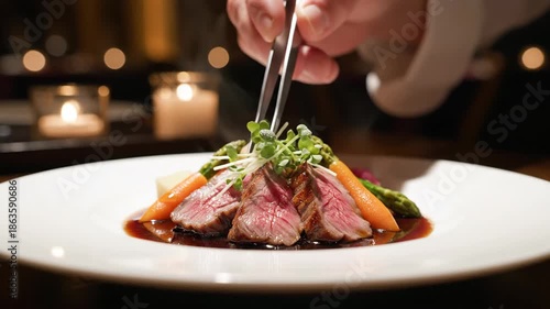 Gourmet dish presentation on white plate with vegetables and sauce