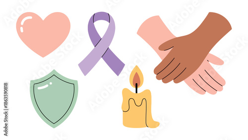 Icons of compassion and solidarity: An array of symbolic icons, including a heart, a ribbon, clasped hands, a shield, and a candle, all representing the values of support, advocacy, and unity.