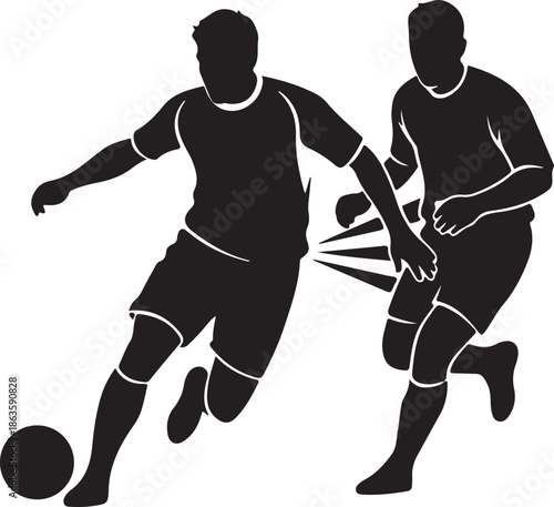 Silhouette of two professional soccer players competing for the ball during an intense match, isolated on white background. , Generative Ai