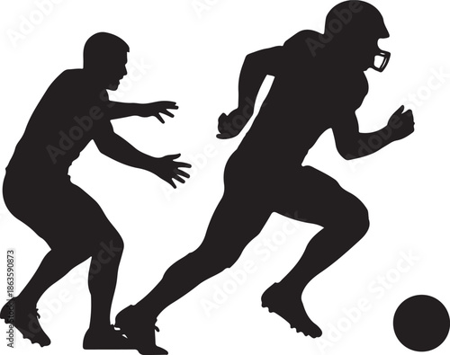 American football player running with the ball while being pursued by a defender silhouette, isolated on white. , Generative Ai