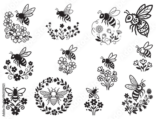 HONEYBEE WITH FLOWERS SILHOUETTE