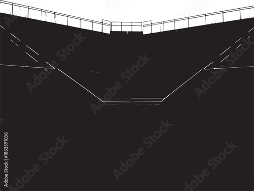 Symmetrical silhouette of stadium grandstands and central stairs, dramatic black and white sports architecture. , Generative Ai