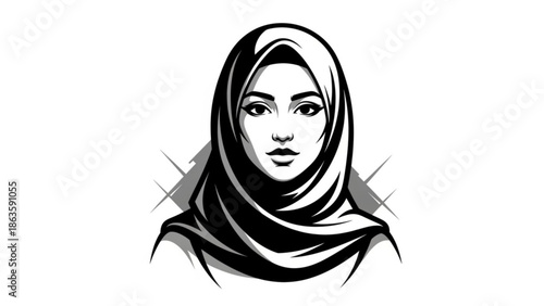 Elegant woman wearing a hijab black and white portrait illustration representing modesty and modern Islamic culture isolated on white