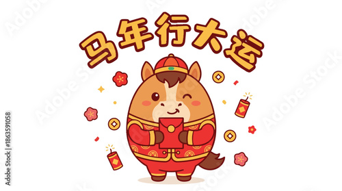 Cute Chinese New Year Year of the Horse Vector Graphic - Lucky Red Envelope Design