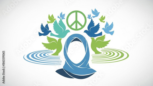 Peaceful Muslim woman in hijab with doves and peace symbol representing harmony and unity vector illustration for concept design