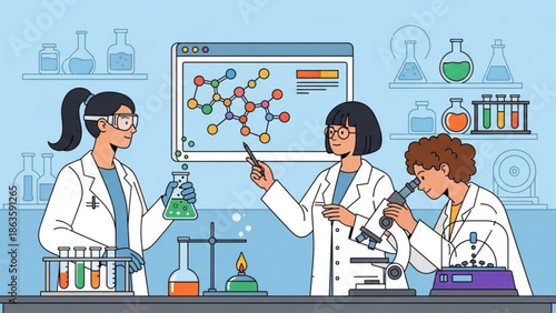 Three scientists in lab coats working together in a laboratory with various equipment and a molecular structure on a computer screen with science