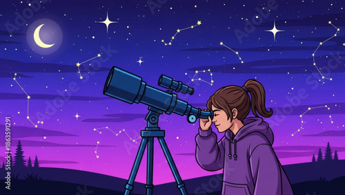 Young girl in purple hoodie stargazing at night sky with crescent moon and constellations through a telescope on a tripod outdoors with stars