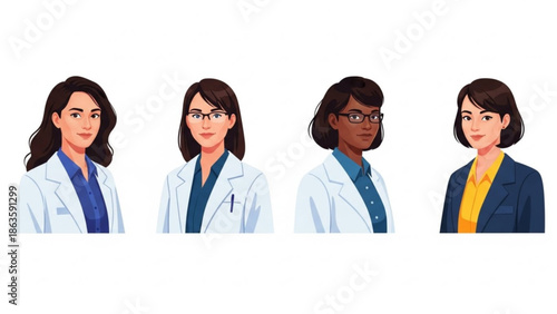 Four diverse women in medical and business attire standing together in a row, smiling and looking confident, representing healthcare professionals and businesswomen