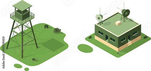 3D isometric military radar base illustration, surveillance watchtower and communication building, defense monitoring station, strategic security infrastructure design