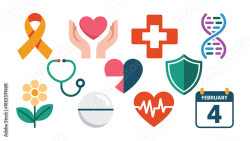 Healthcare Icons: Illustrative collection of healthcare, medical and health elements in vibrant colors, symbolizing wellness, prevention and support.