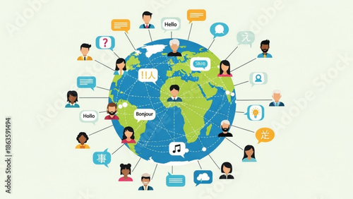 Global communication network with diverse people connected around the world through speech bubbles with global network and international relations