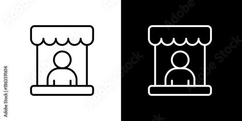 Modern outline icon depicting a market stall or vendor booth with a person working behind the counter, suitable for e-commerce, retail, and local business concepts